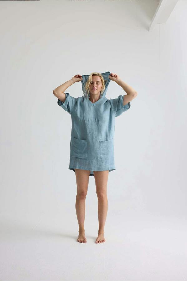 Pretty You London Relaxed Linen Hooded Tunic In Blue Haze