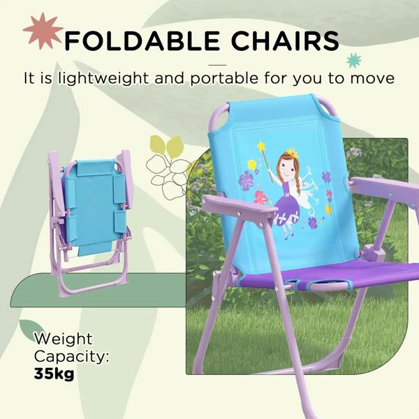 Foldable kids chair with blue fairy print backrest and purple frame