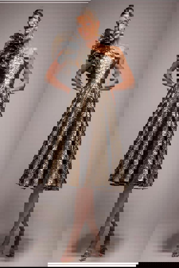 One Shoulder Frill Jacquard Skater Midi Dress - Bronze Gold DR4811