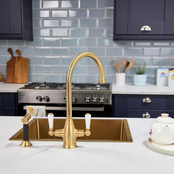 Flode Halden | Dual Lever Kitchen Sink Mixer Tap and Rinser with Swivel Spout | Brushed Brass Finish
