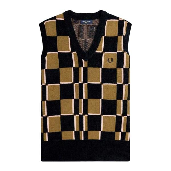 Fred Perry Mens Checkerboard Knitted Sweater Vest - Stone - 