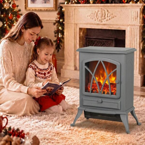 1kW-2kW Vintage Electric Fireplace Heater - Grey