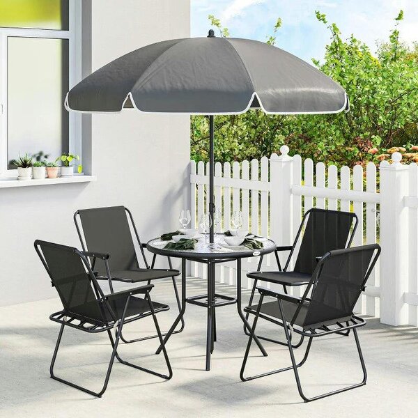 4 Seater Garden Furniture Set, 6 Pieces Garden Table and Chairs with Parasol for Patio, Black