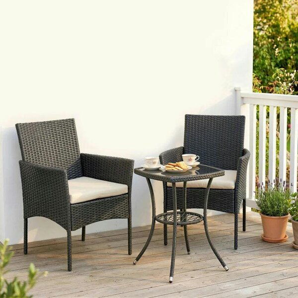 3 Piece Rattan Bistro Set, PE Wicker Garden Furniture Conversation Set with 2 Tier Glass-Top Table, Chairs, Cream White