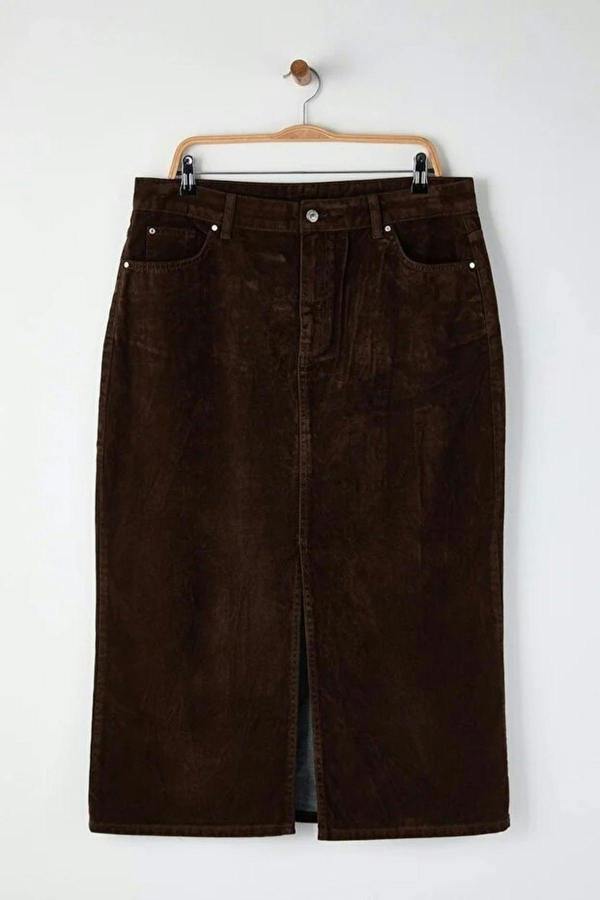 WOVCOR Slit Suede Look Plus Size Denim Skirt