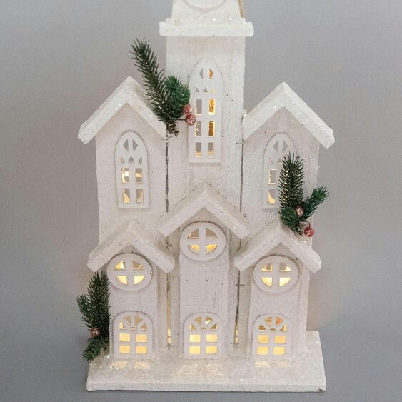 Shatchi 58cm Wooden Church House with Warm White LED Lights, Snow Covered Cottage Style Indoor Decoration