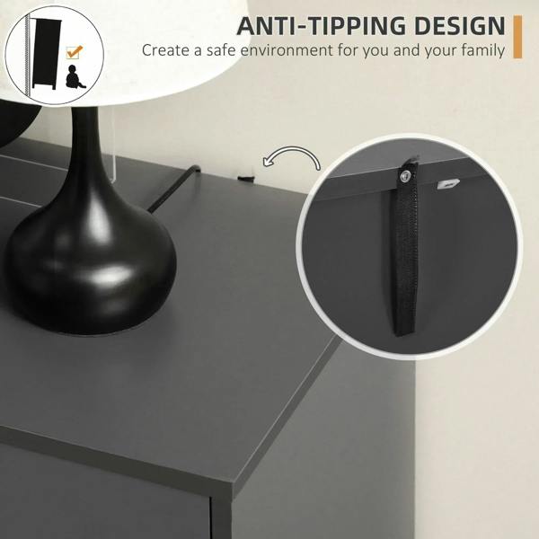 Dark grey sideboard with anti-tipping strap and secure top-mount hardware