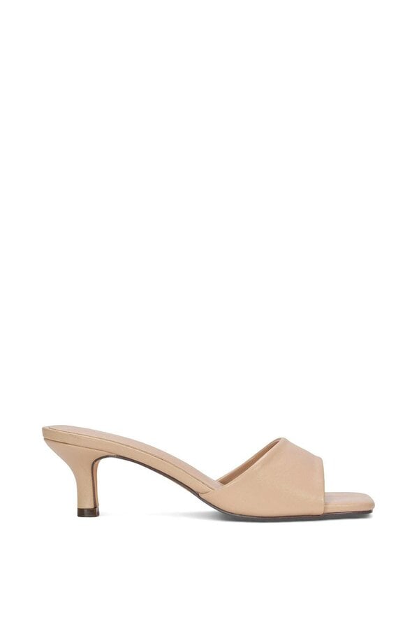 XY LONDON Square Toe Stiletto Kitten Heel Mule Sandals - Beige