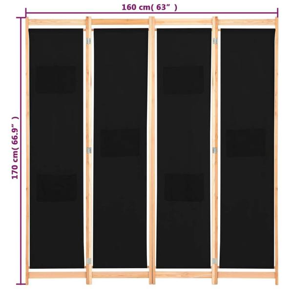 Berkfield 4-Panel Room Divider Black 160x170x4 cm Fabric