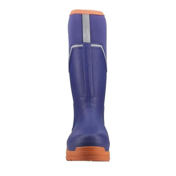 Muck Boots MUCK Boots GRIT S5 Womens Tall Safety Composite Toe/Midsole Wellie, blue waterproof safety boots with orange accents and reflective stripe, designed for women.