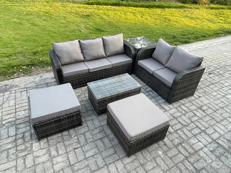 Fimous Wicker PE Rattan Garden Furniture Set 7 Seater Outdoor Lounge Sofa Set with Love Sofa Coffee Table 2 Big Footstool Side Table Dark Grey Mixed