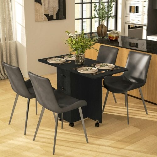 Wyld Haus Midile Wooden Distressed Black Drop Leaf Dining Table With Storage Seating 6