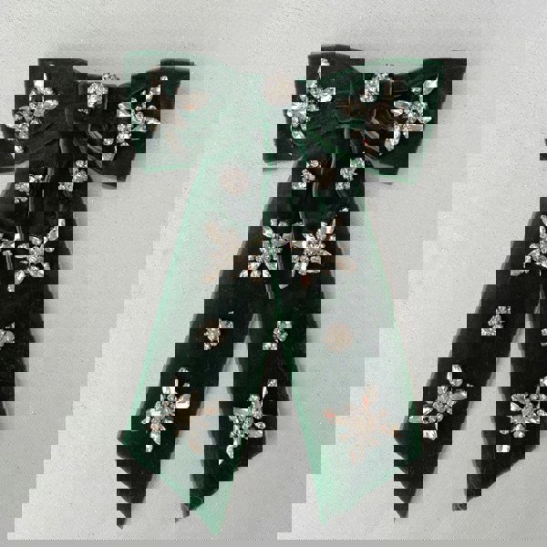 Green velvet bow hair clip, oversized ribbon design, crystal jewel embellishments, sparkling rhinestone floral details, luxurious fabric finish, statement hair accessory, vintage inspired style, gift for her
