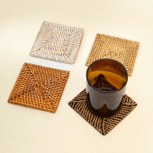 Coastal villa Homeware Rattan Square Coasters