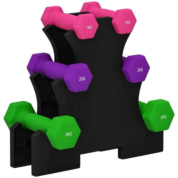 Hex dumbbells set on rack with pink, purple and green weights labeled 1KG, 2KG, 3KG