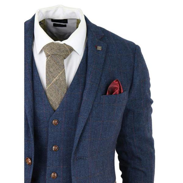 Paul Andrew Mens Blue Tweed Check 3-Piece Suit