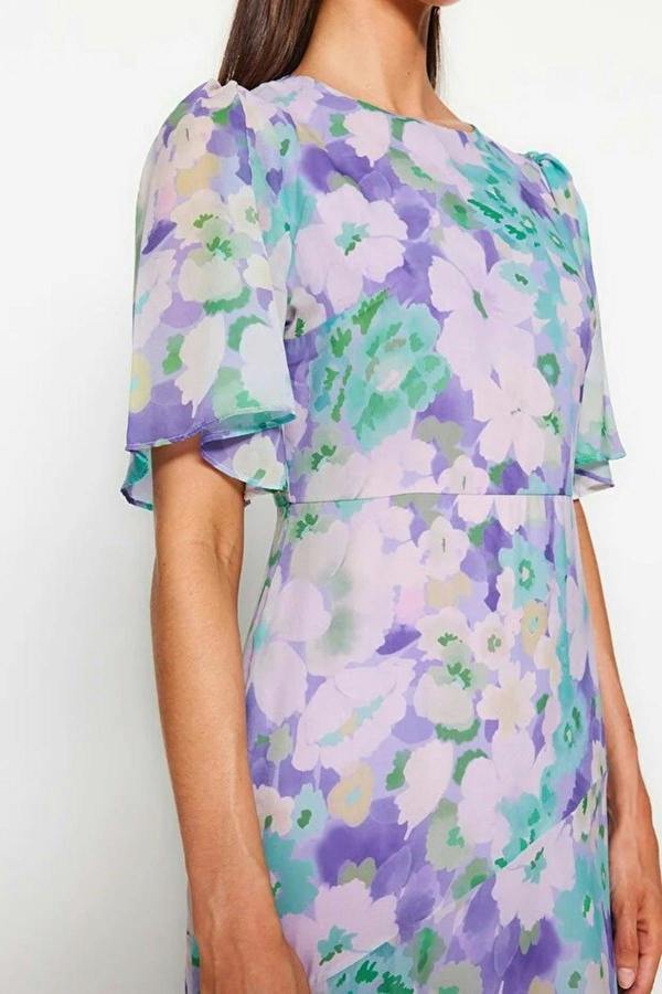 WOVCOR Floral Patterned A-Line Lined Midi Woven Dress