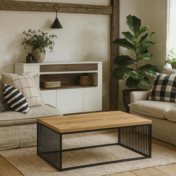 Wyld Haus Porto Wild Oak Effect Coffee Table Black Steel Wire Base