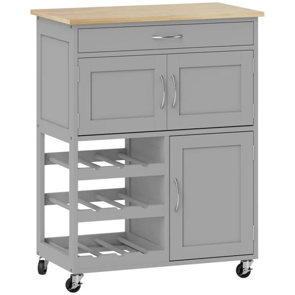 Grey kitchen storage trolley with wooden top, drawer, cabinet doors, and bottle rack