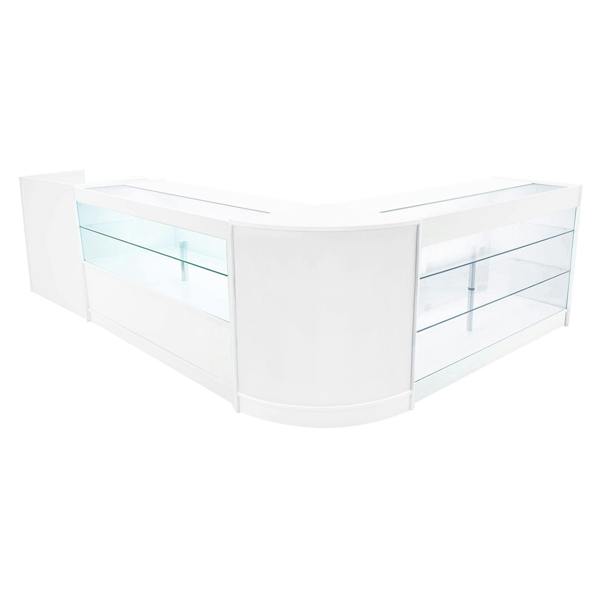 Vega LED Shop Counter Set in white, featuring sleek glass shelves, modern design, and a curved shape for stylish retail displays
