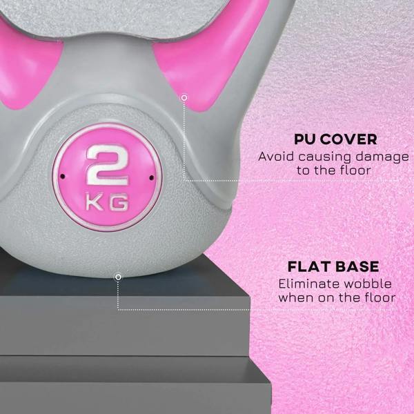 Pink and grey 2 kg kettlebell with flat base and round weight label