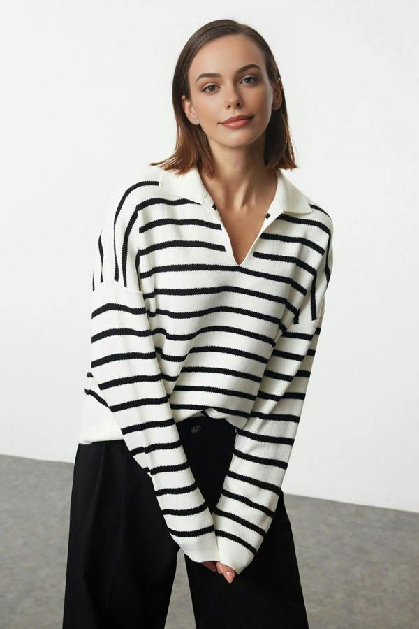 WOVCOR Polo Collar Striped Knit Sweater