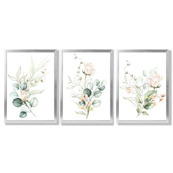 Pink Floral Roses Set of 3 Framed Art Prints with Silver Wood Frames
