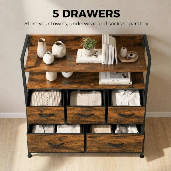 Chest of Drawers, Bedroom Fabric Dresser with 5 Drawers, Storage Organiser Unit with Open Shelves, Rustic Brown