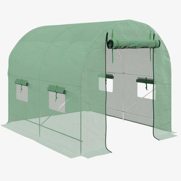 Green walk-in garden greenhouse with steel frame, roll-up door, and windows