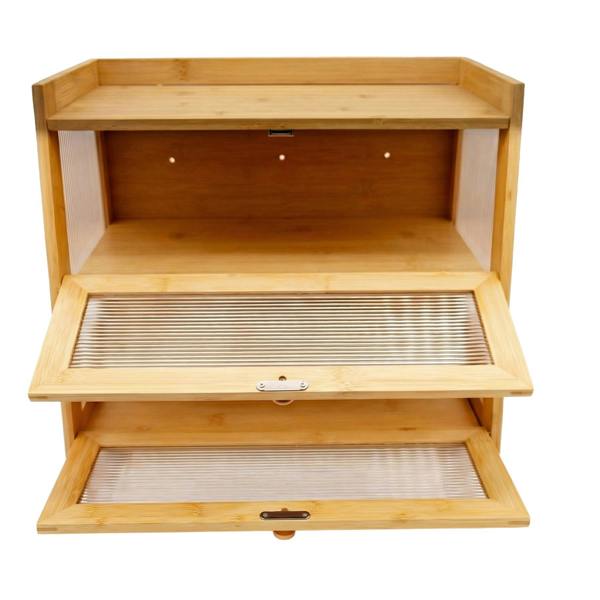 Maison des Cadeaux Large 2-Tier Bamboo Bread Bin with Fluted Windows
