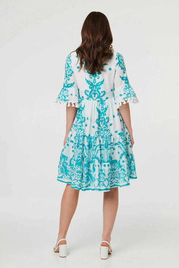 Blue | Printed Tassel Sleeve Knee Length Dress
