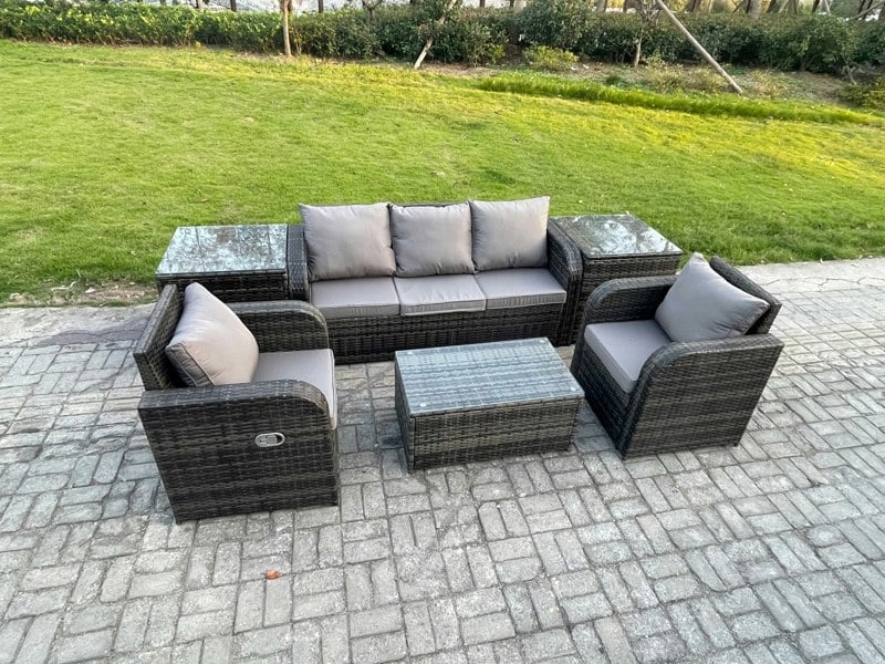 Fimous Outdoor Rattan Garden Furniture Set Patio Lounge Sofa Set with Reclining Chair Rectangular Coffee Table 2 Side Tables Dark Grey Mixed