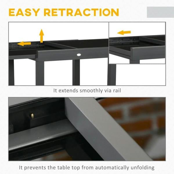 Extending outdoor dining table showing slide rail extension of the dark tabletop