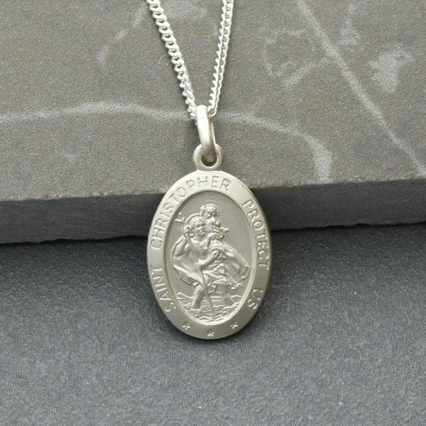 Christopher James of London Sterling Silver Small Satin Oval St Christopher Pendant With Optional Engraving and Chain