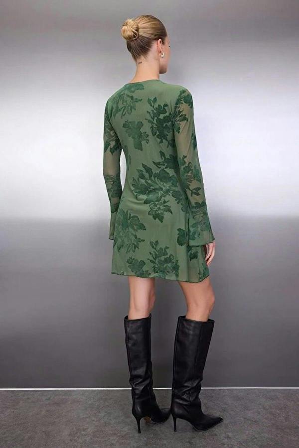 WOVCOR Flock Printed Lined Mini Dress with Tulle Flare Sleeves