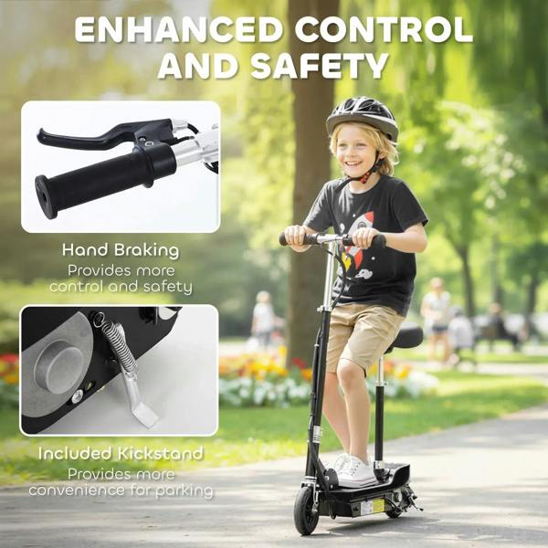 Black e-scooter with hand brake levers and included kickstand.