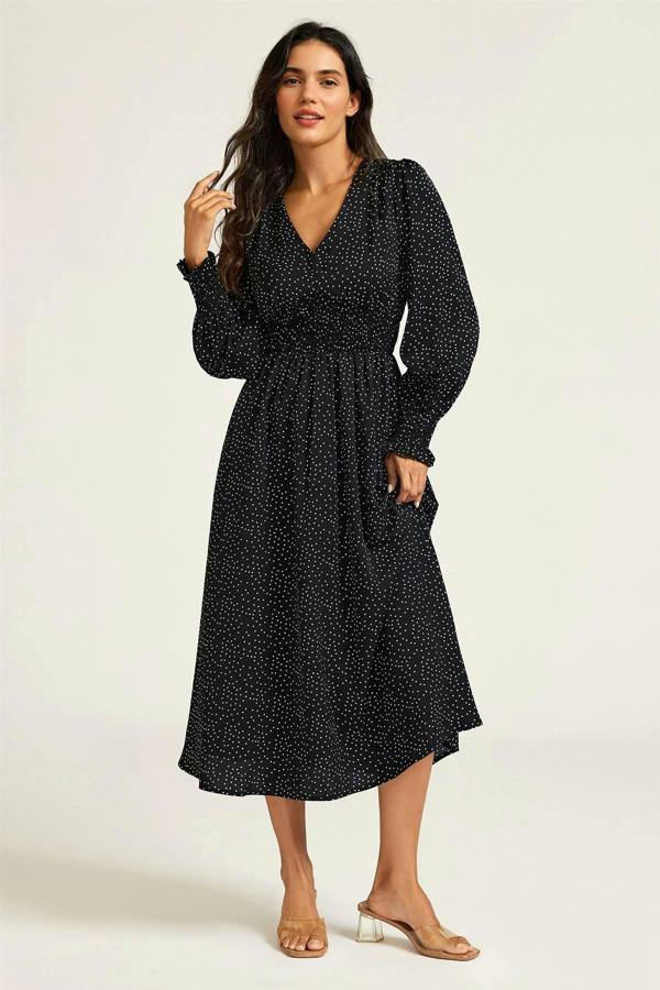 FS Collection Polka Dot Print Long Sleeve Midi Dress In Black