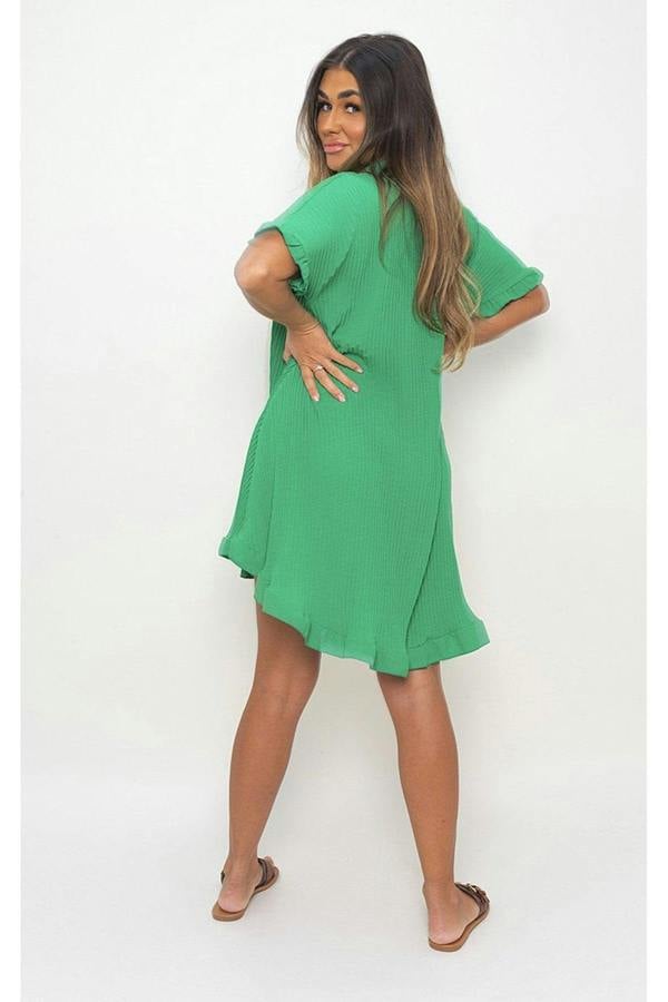 Prisha Button Down Oversized Ruffle Short Sleeve Mini Dress - Green