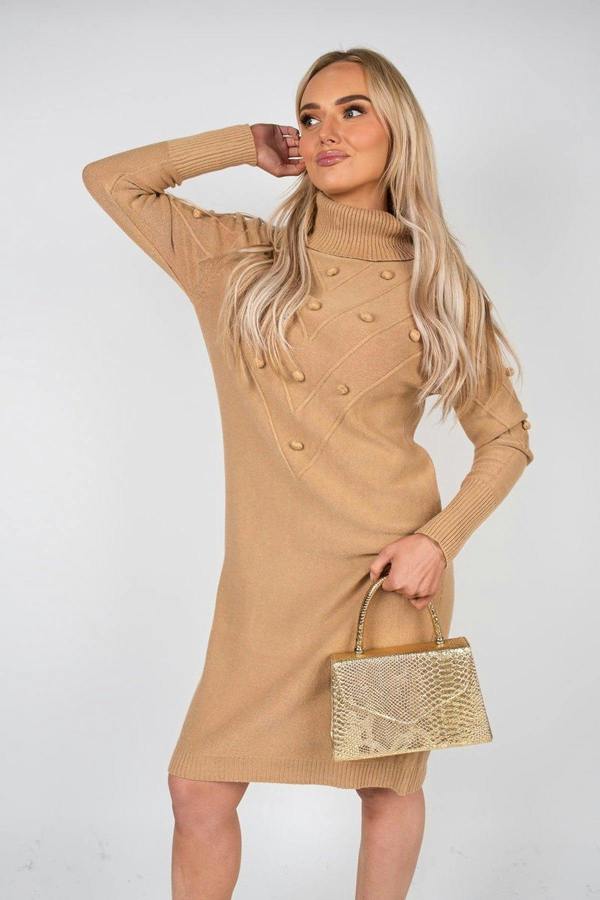 Ivanya High Neck Long Sleeve Knitted Jumper Dress With Bobble Detail - Camel