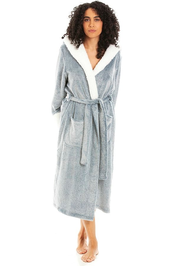 Camille Womens Jade Deep Pile Full Length Fleece Bathrobe with Sherpa Lined Hood & Cuffs
