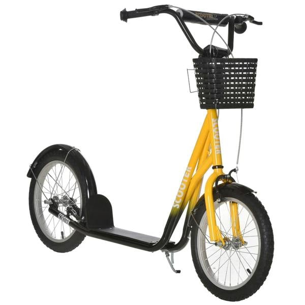 Orange kids kick scooter with front wheel and black wire basket