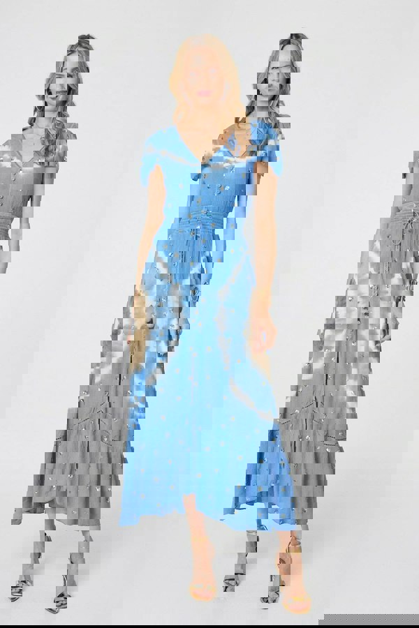 Blue | Tie Dye Print Shirred Tie Waist Midi Dress
