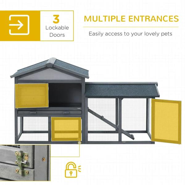 Grey double-tier rabbit hutch with lockable doors, wire runs, and ramp divider