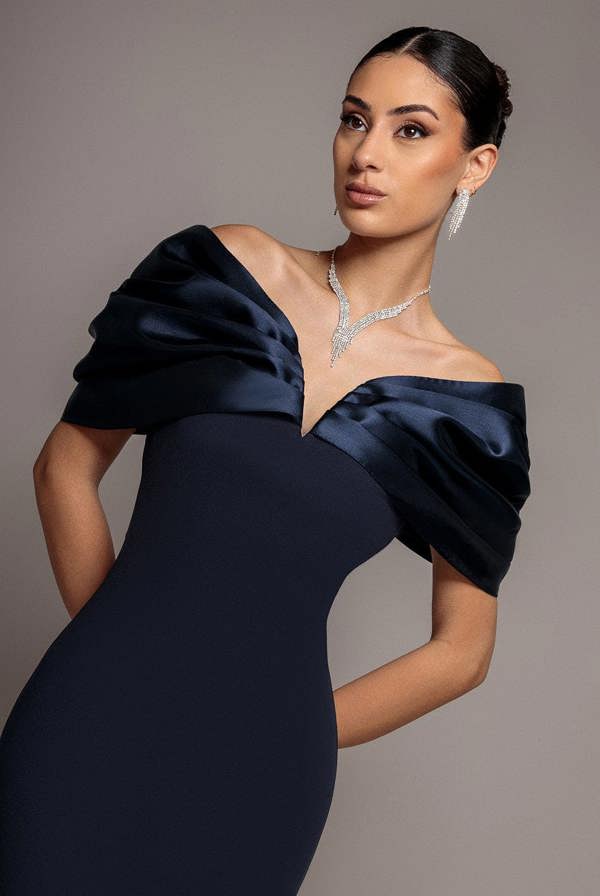 Satin Plunge Neck Bardot Scuba Maxi Dress - Navy Blue DR5040