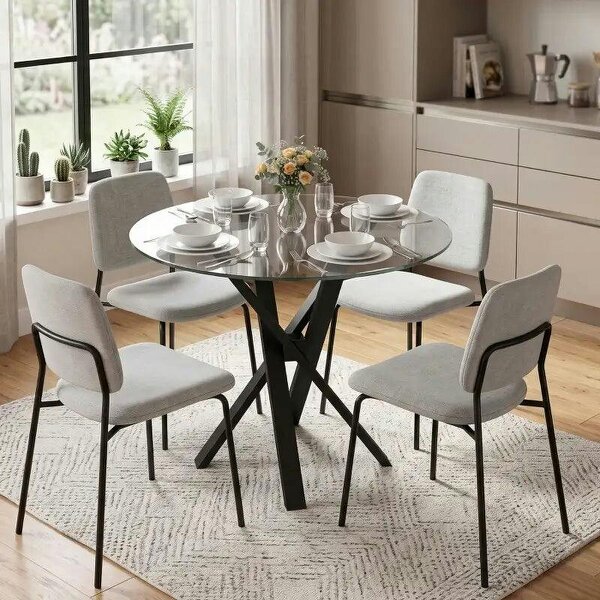 Round Dining Table for 4, 80cm Modern Kitchen Table with Tempered Glass Top and Cross Steel Legs, Clear - Clear