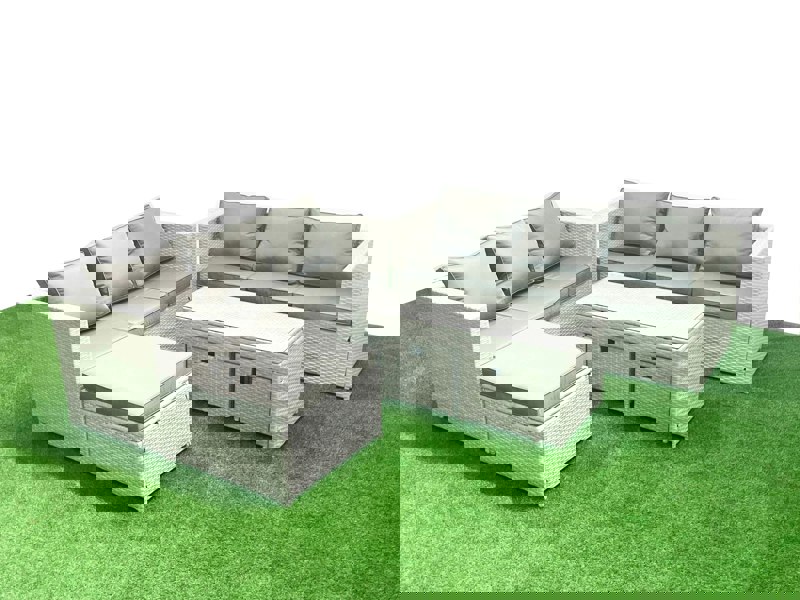 Fimous 9 Seater Garden Outdoor Rattan Furniture Set Rattan Garden Sofa Oblong Coffee Table with 3 Footstools Light Grey Mixed