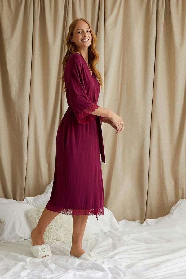Women's Bamboo Lace Kimono Robe in Bordeaux with delicate lace trims and deep pockets from Pretty You London