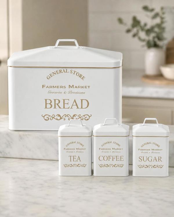 Maison des Cadeaux Vintage Farmhouse 4 Piece White Bread Bin & Canister Set
