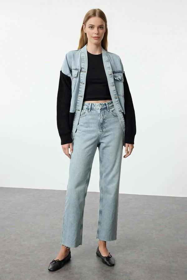 WOVCOR High Waist Straight Jeans with Cut-Out Legs