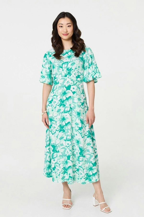 Green | Floral Flared Sleeve A-Line Midi Dress
